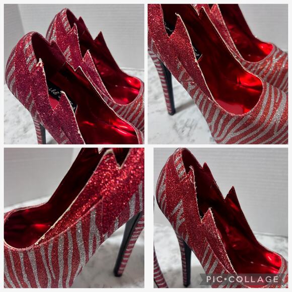 Wild Diva Red Silver Glitter Zebra Print Platform Stiletto Heels 5 Pumps Shoes - Picture 9 of 10